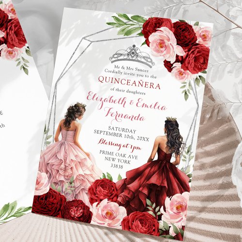 Pink Burgundy Red Twins Royal Princesses 15 Aos Invitation