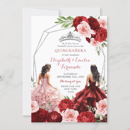 Pink Burgundy Red Twins Royal Princesses 15 Aos Invitation