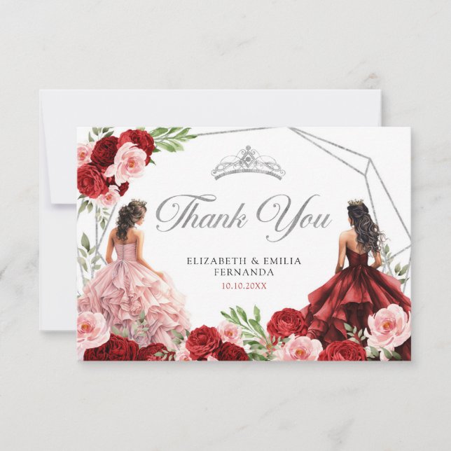 Pink Burgundy Red Twins Royal Princesses 15 Años Thank You Card (Front)