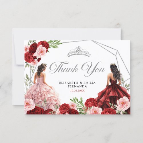 Pink Burgundy Red Twins Royal Princesses 15 Aos Thank You Card