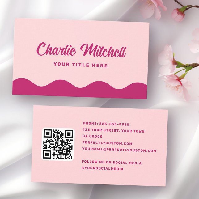 Pink burgundy retro name wavy waves border business card (Pink burgundy retro name wavy waves border business card)