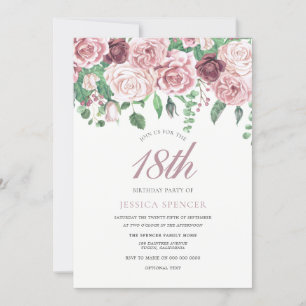 Pink Burgundy Rose 17th 18th 19th Birthday Invite