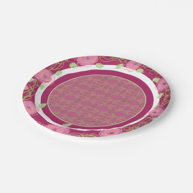 Pink Burgundy Rose And Green Paper Plates (Angled)