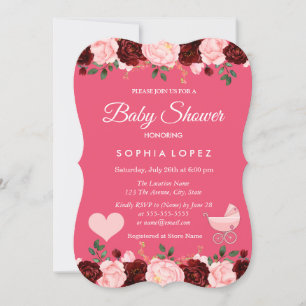 Pink & Burgundy Rose Girl Baby Shower Invitation