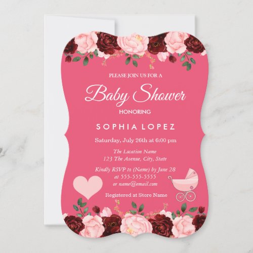 Pink  Burgundy Rose Girl Baby Shower Invitation