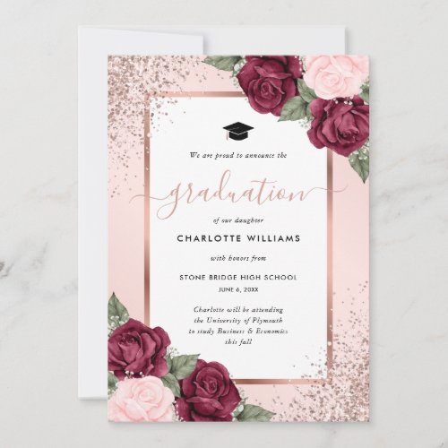 Pink Burgundy Rose Gold Floral Photo Graduation Announcement