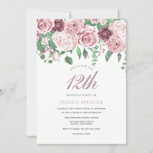 Pink Burgundy Roses 12th 13th 14th Birthday party Invitation