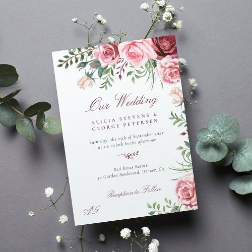 Pink burgundy roses watercolor elegant wedding invitation