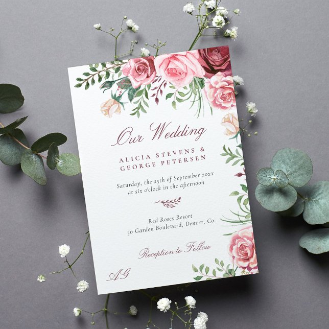 Pink burgundy roses watercolor elegant wedding invitation (Creator Uploaded)