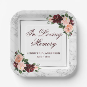 Pink Burgundy Silver Floral Memorial Funeral Paper Plates