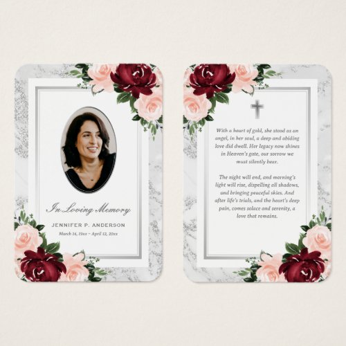 Pink Burgundy Silver Floral Photo Memorial Cards
