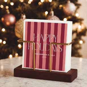 Pink & Burgundy Stripes Happy Holidays Christmas Napkins