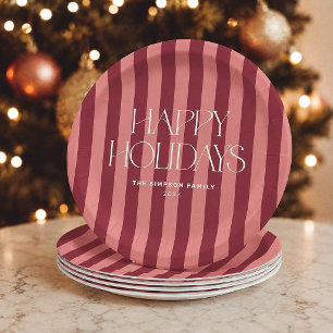 Pink & Burgundy Stripes Happy Holidays Christmas Paper Plates