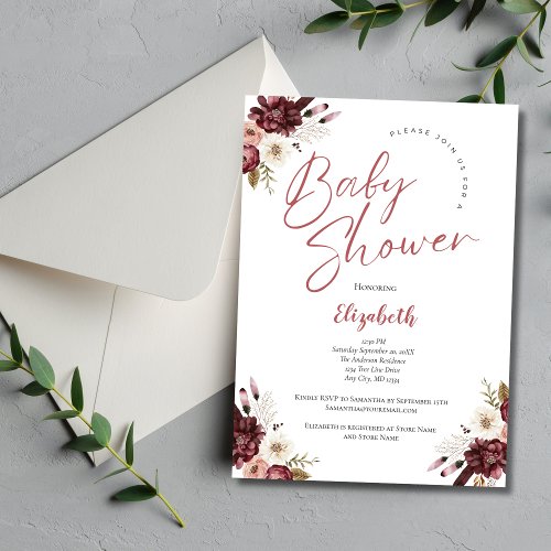 Pink Burgundy Watercolor Floral Baby Shower Invitation