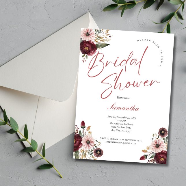 Pink Burgundy Watercolor Floral Bridal Shower Invitation (Pink Burgundy watercolor floral Bridal Shower Invitation, printed or digital download)