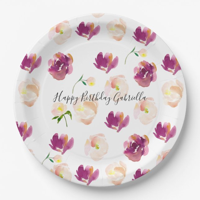 Pink Burgundy Watercolor Floral Paper Plates (Front)