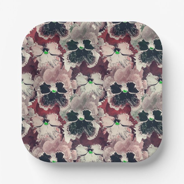 Pink, burgundy watercolor flowers  paper plates (Front)