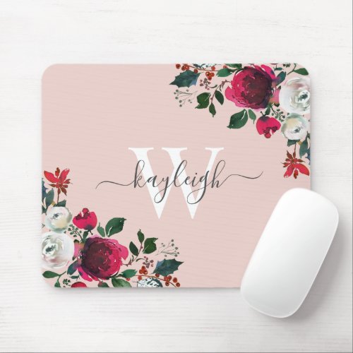 Pink Burgundy Watercolor Rose Floral Monogrammed Mouse Pad