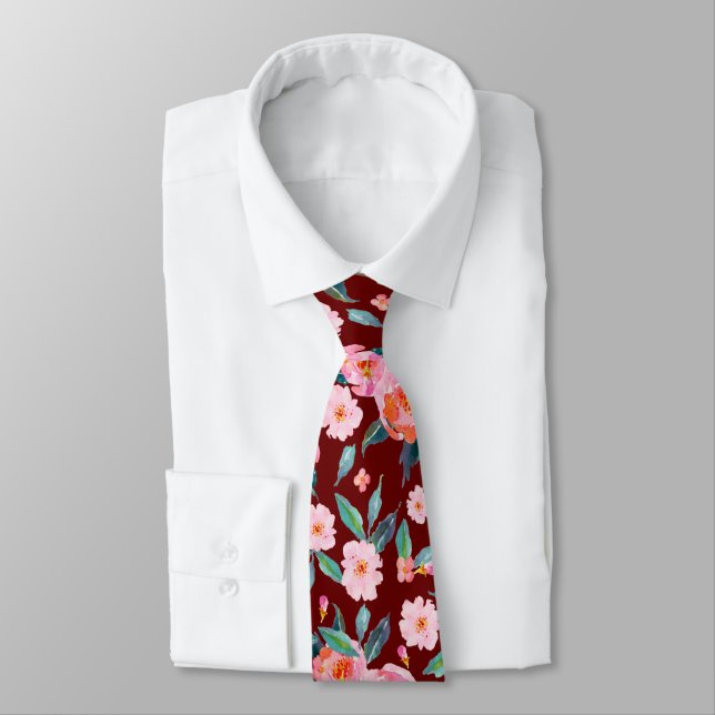 Pink Burgundy Watercolor Rose Pattern Wedding Neck Tie (Tied)