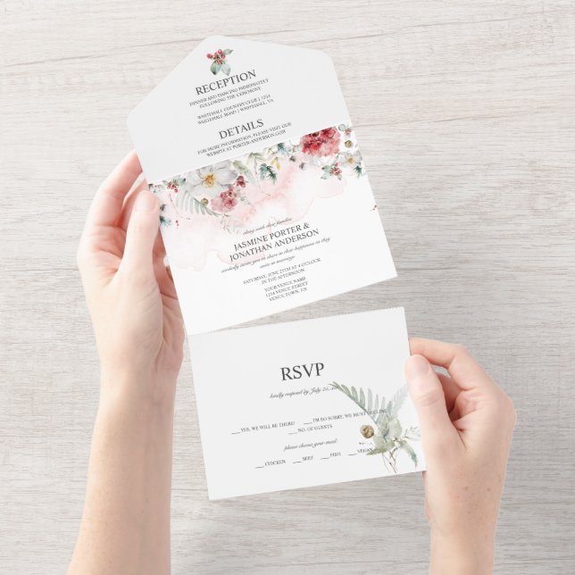 Pink Burgundy White Winter Florals All In One All In One Invitation (Tearaway)