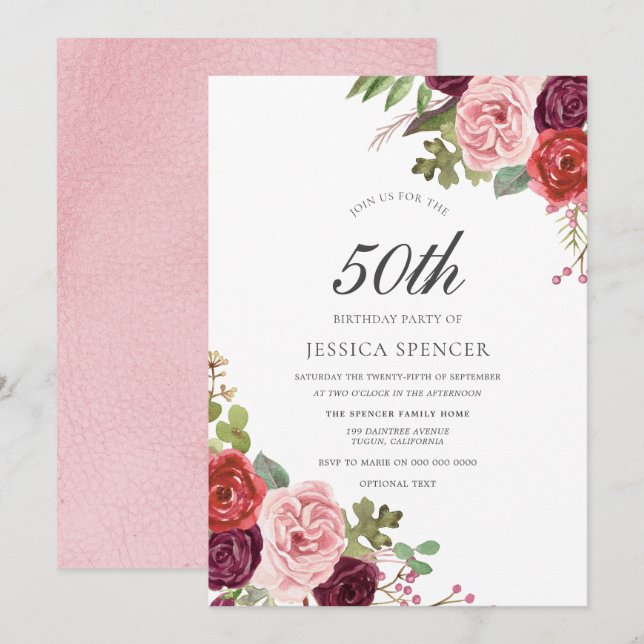 Pink & Burgundy Womans 50th Birthday Party Invite (Front/Back)