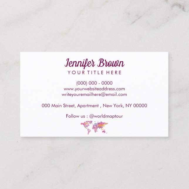 Pink Burgundy World Map Minimal Design Business Card (Back)
