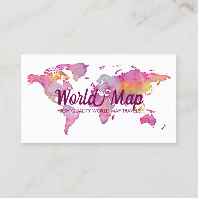 Pink Burgundy World Map Minimal Design Business Card (Front)