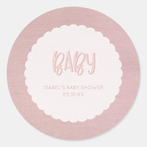 Pink Burlap Circle Frame Baby Shower Favor Classic Round Sticker