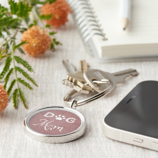 Pink Burlap Dog Mom Metal Keychain