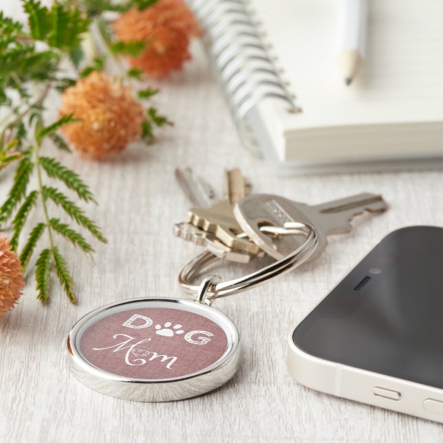 Pink Burlap Dog Mom Metal Keychain (Side)