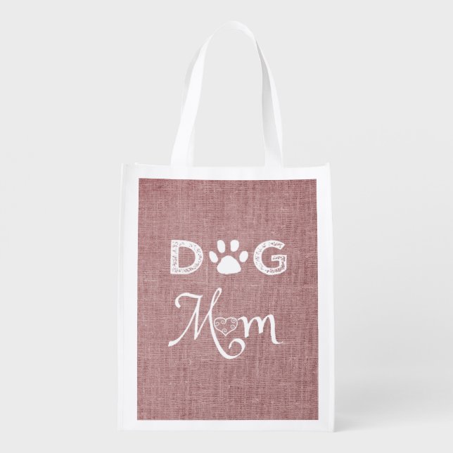 Pink Burlap Dog Mom Reusable Grocery Bag (Back)