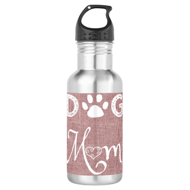 Pink Burlap Dog Mom Water Bottle (Front)
