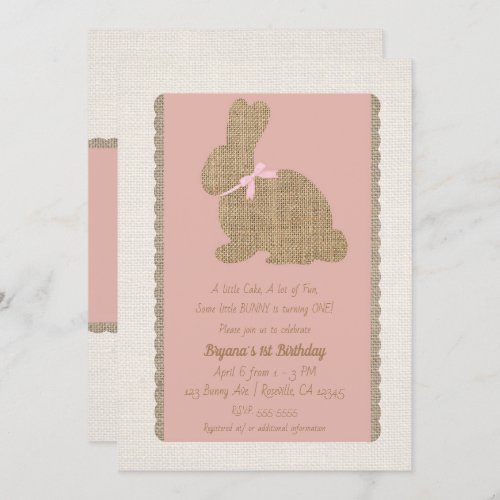 Pink  Burlap Rustic Bunny Easter 1st Birthday Invitation