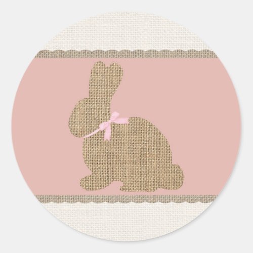 Pink  Burlap Rustic Bunny Easter Baby Shower Classic Round Sticker