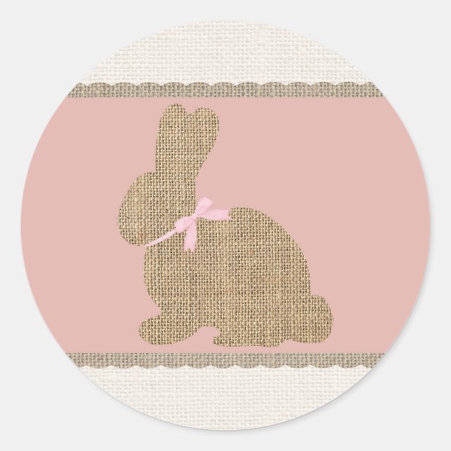 Pink & Burlap Rustic Bunny Easter Baby Shower Classic Round Sticker (Front)