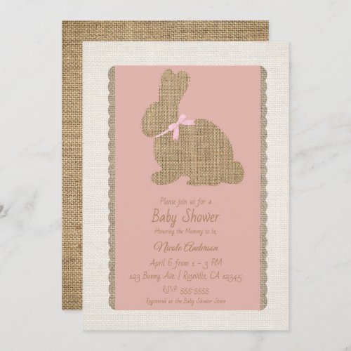 Pink  Burlap Rustic Bunny Easter Baby Shower Invitation