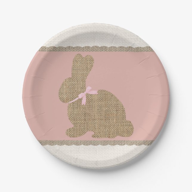 Pink & Burlap Rustic Bunny Easter Baby Shower Paper Plates (Front)