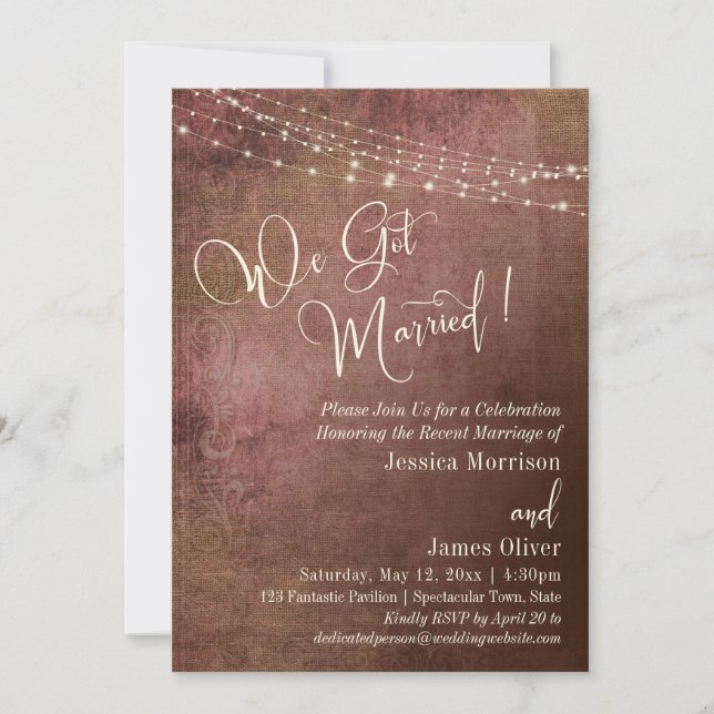 Pink & Burlap Vintage We Got Married Reception Invitation (Front)