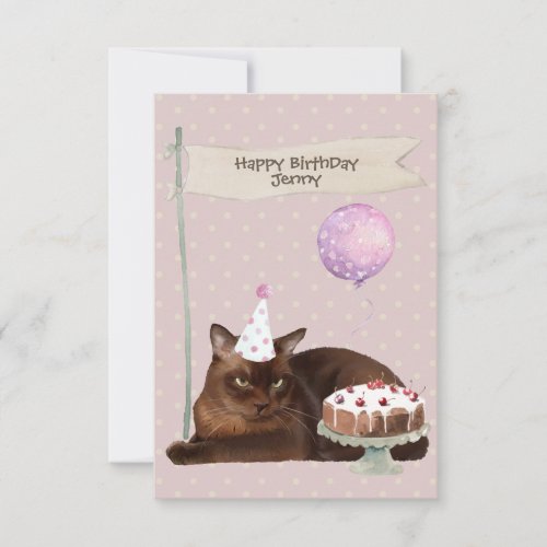 Pink Burmese Cat Birthday Party Hat cake Card