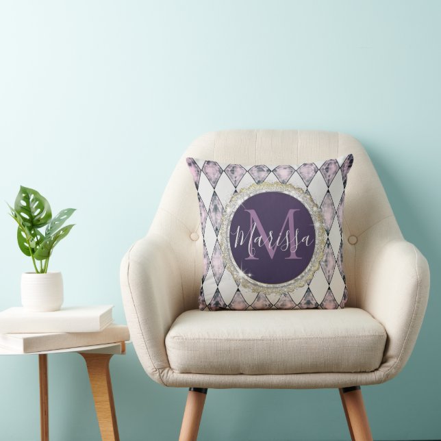 Pink Bush Harlequin Monogram Glitter Throw Pillow (Chair)