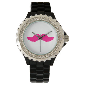 Pink Bushy Mustache Moustache Funny Angel Wings Watch