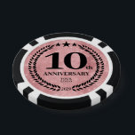 Pink Business 10th Anniversary Poker Chips<br><div class="desc">Poker chips for employees or clients to celebrate the 10th anniversary of your business. Commemorative design personalized with your company logo and the year on the front, with a faux pink glitter background, a laurel branch, and stars. On the back, it has space to add a bigger logo or an...</div>