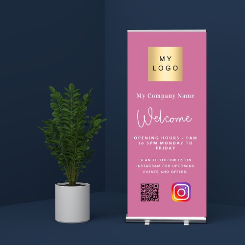 Pink business logo opening hours QR Instagram Retractable Banner