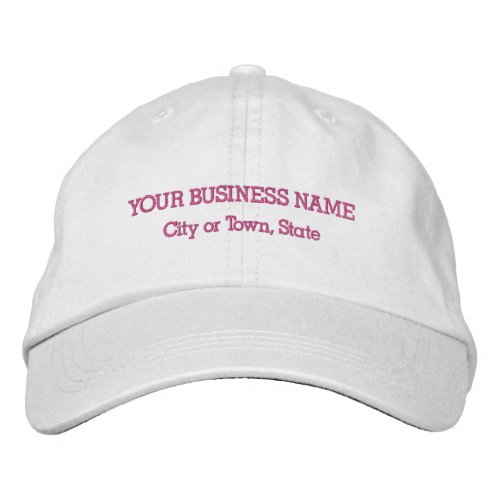 Pink Business Name on Adjustable White Embroidered Baseball Cap
