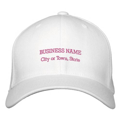 Pink Business Name on Flexible Fit White Embroidered Baseball Cap