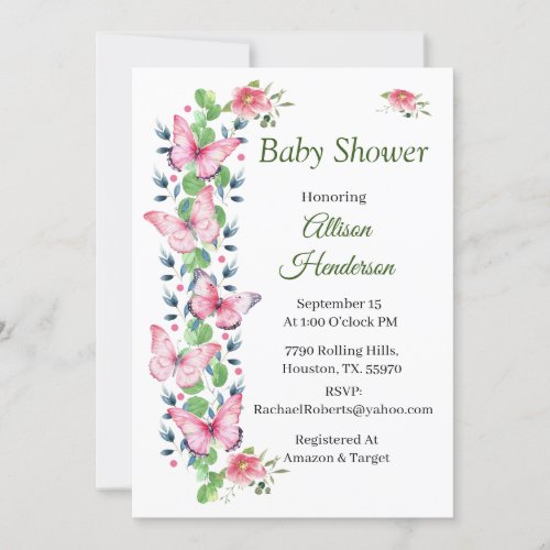 Pink Butterfies And Ivy Baby Shower  Invitation
