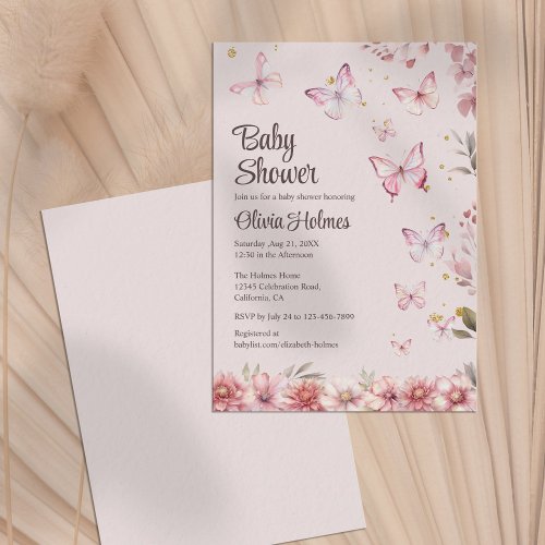 Pink Butterflies and Flower Garden Baby Shower Invitation