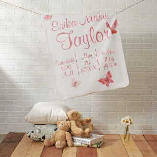 Pink Butterflies and Flowers Baby Girl Birth Stats Blanket