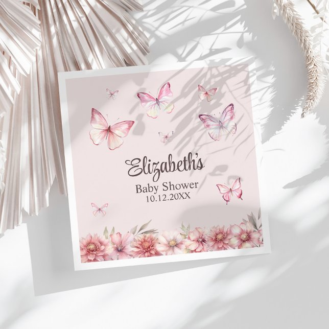 Pink Butterflies and Flowers Baby Shower  Napkins (Pink Butterflies and Flowers Baby Shower Napkins on a white sunny table.)