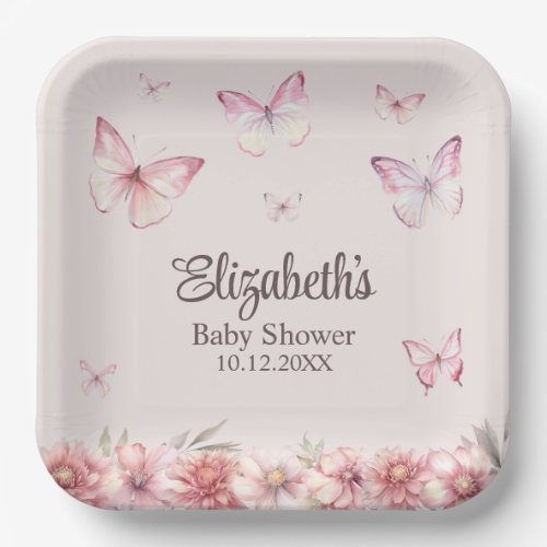 Pink Butterflies and Flowers Baby Shower  Paper Plates